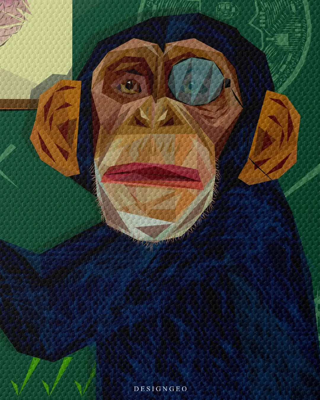 Motivational illustration on canvas of a monkey professor teaching finance and cryptocurrency to a classroom of students on a bright orange background