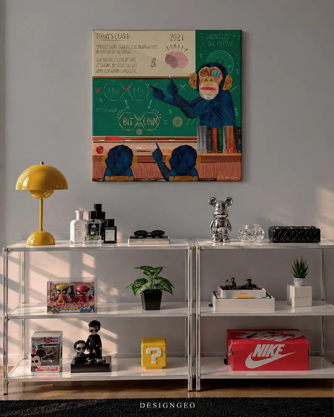 Learn Crypto monkey chalkboard bitcoin classroom pop art square canvas wall art mounted on wall in luxury office above shelving unit 0.75 inch thin wrap