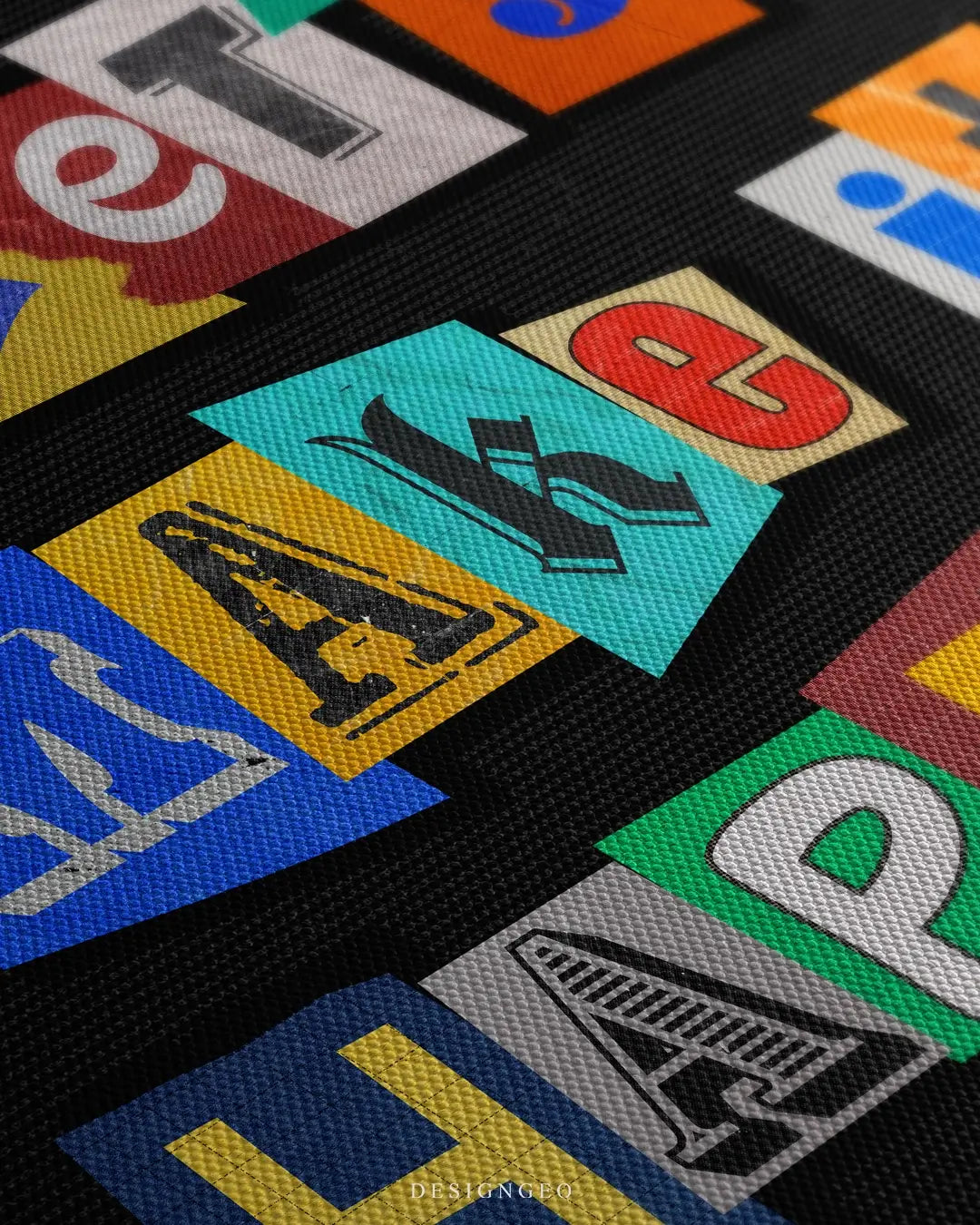 Close-up of motivational canvas art with the phrase "Let's Make It Happen" in vibrant colorful typography, featuring rich paint textures and sharp artistic details on a black background