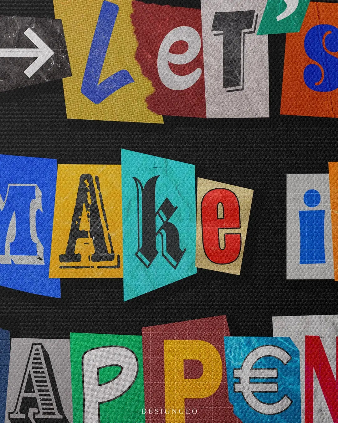 Inspirational typography illustration on canvas with the bold message "Let's Make It Happen" using a dynamic multi-color font, representing initiative and success