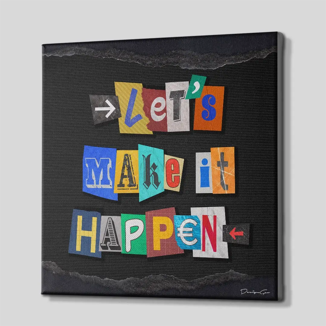Side angle of the colorful "Let's Make It Happen" canvas print, highlighting the high-quality gallery wrap finish and the professional 3D depth of the wooden frame