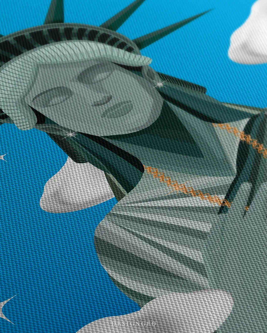 Close-up of modern wall art featuring the Statue of Liberty's hand holding a giant sparkling diamond instead of a torch against a soft blue sky