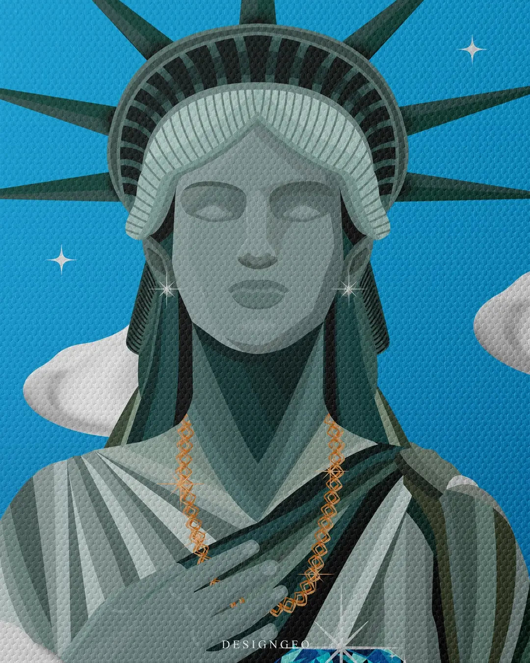 Artistic canvas illustration of the Statue of Liberty with a diamond torch, symbolizing financial freedom and the luxury lifestyle of the NYC Diamond District