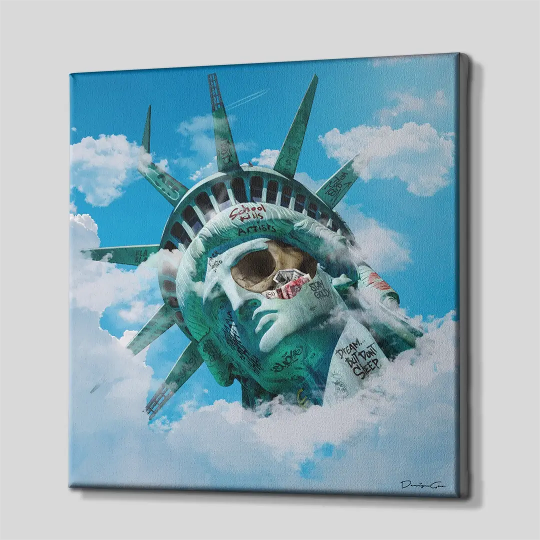Side angle of the graffiti Statue of Liberty canvas print, highlighting the professional gallery wrap finish and the 3D depth of the square wooden frame