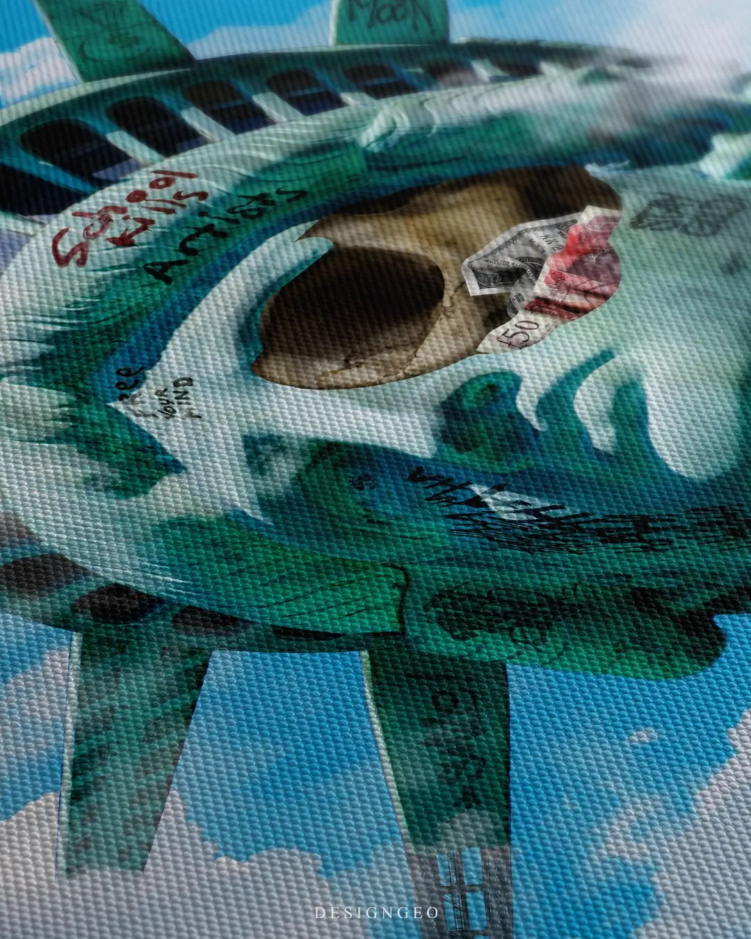 Close-up of surreal Statue of Liberty canvas art showing intricate graffiti tags, colorful spray paint drips, and realistic stone textures against a cloudy sky