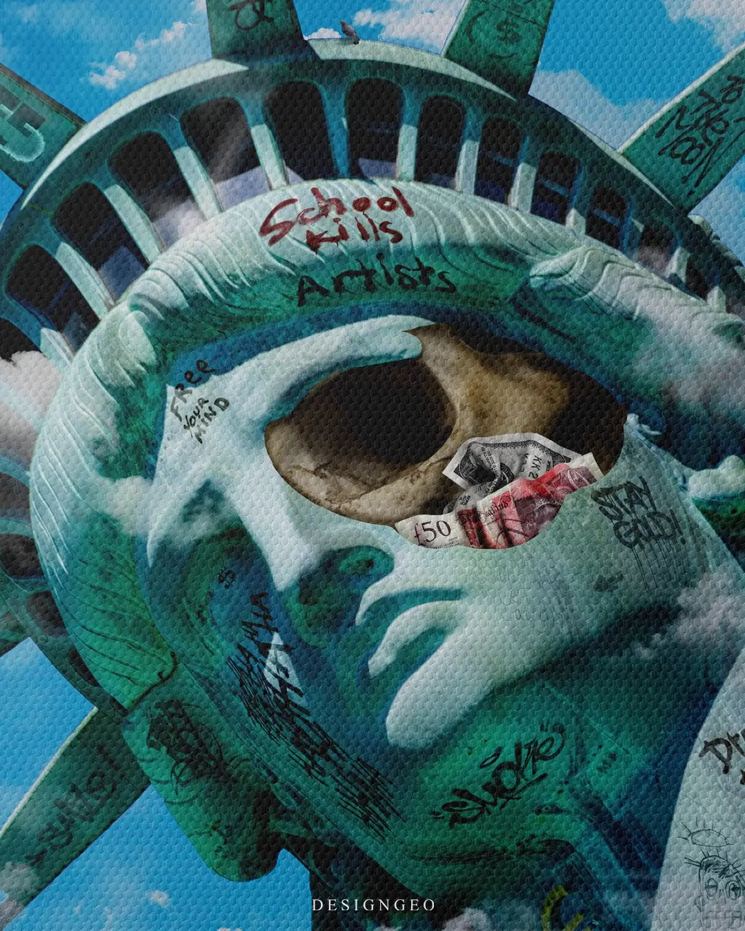 Surreal digital illustration of the Statue of Liberty's head floating among soft clouds, covered in vibrant urban graffiti and abstract street art patterns