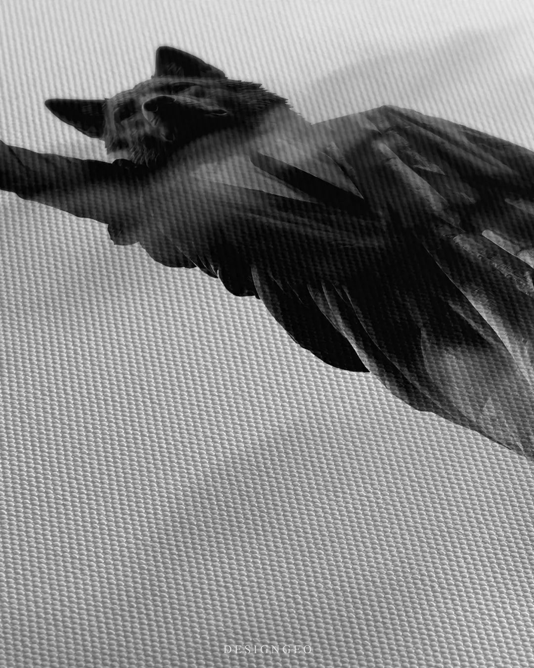 Close-up of modern motivational wall art featuring a "Wall Street Wolf" personified as a liberty statue on a minimalist grey background