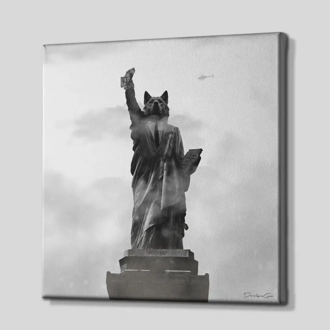 Side angle of the Liberty Wolf motivation canvas print, highlighting the high-quality gallery wrap finish and the professional 3D frame depth