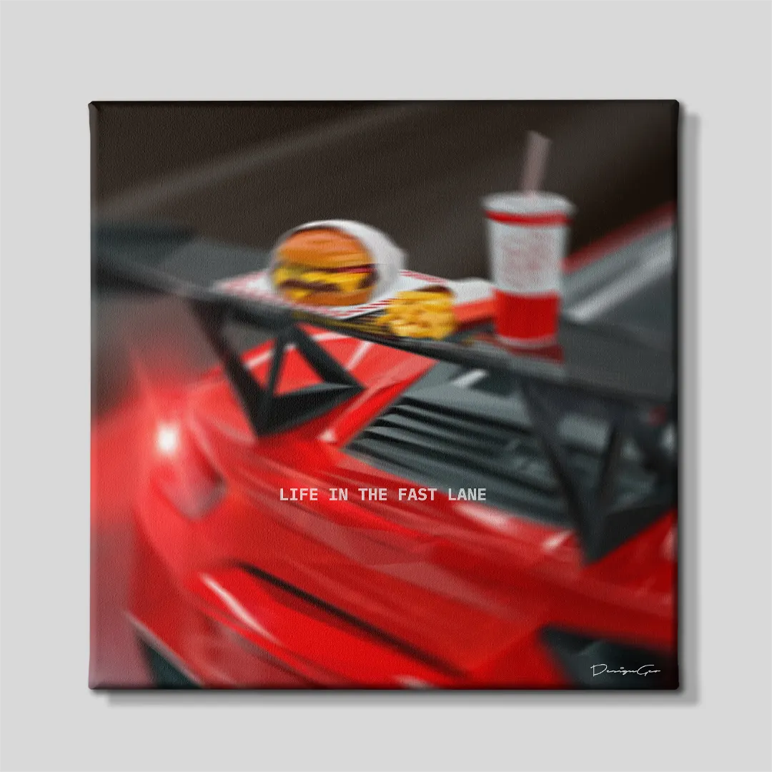 Red sports car canvas wall art featuring fast food hamburger fries and soda placed on a high rear wing spoiler under motivational quote Life In The Fast Lane 0.75 inch thin wrap