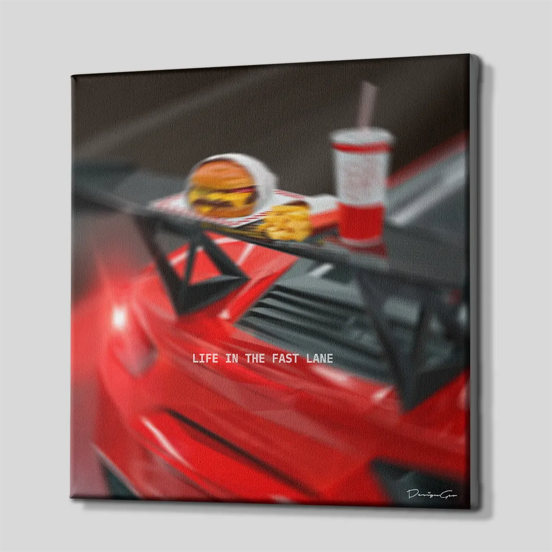 Side perspective view of red sports car square canvas art showing fast food spoiler design with dark gallery wrapped edge 0.75 inch thin wrap