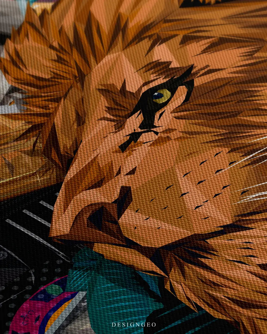 Close-up of lion canvas art showing the majestic golden crown, detailed mane, and textured dollar bills symbols for luxury wall decor