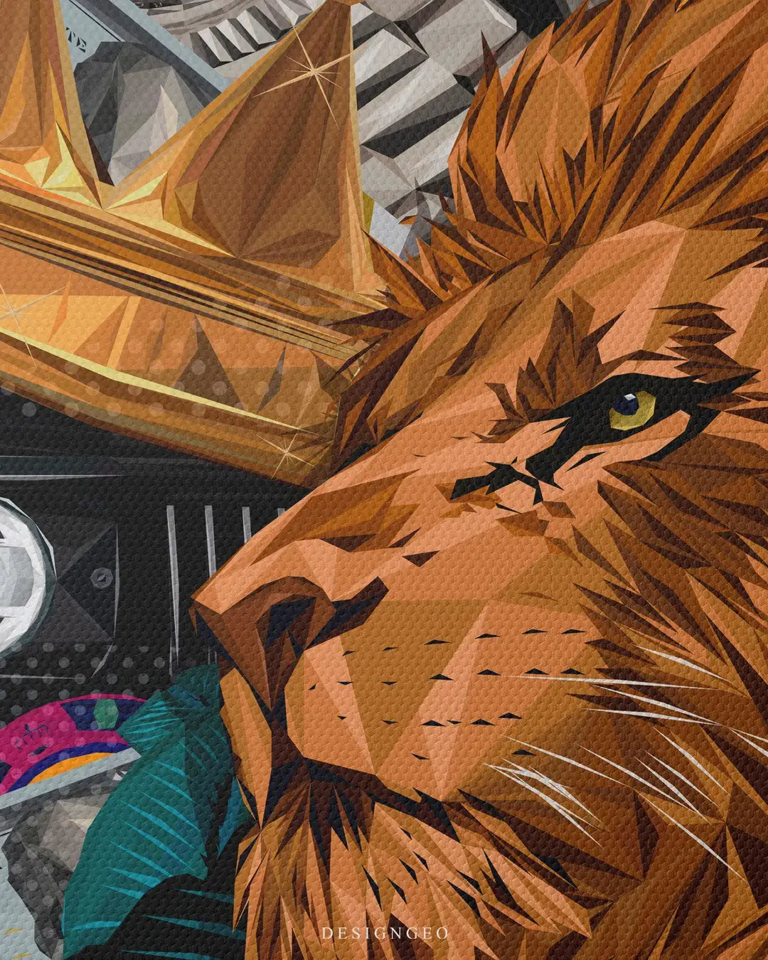 Motivational lion portrait on canvas featuring a king lion with a crown, stacks of money, a private jet, and a luxury SUV