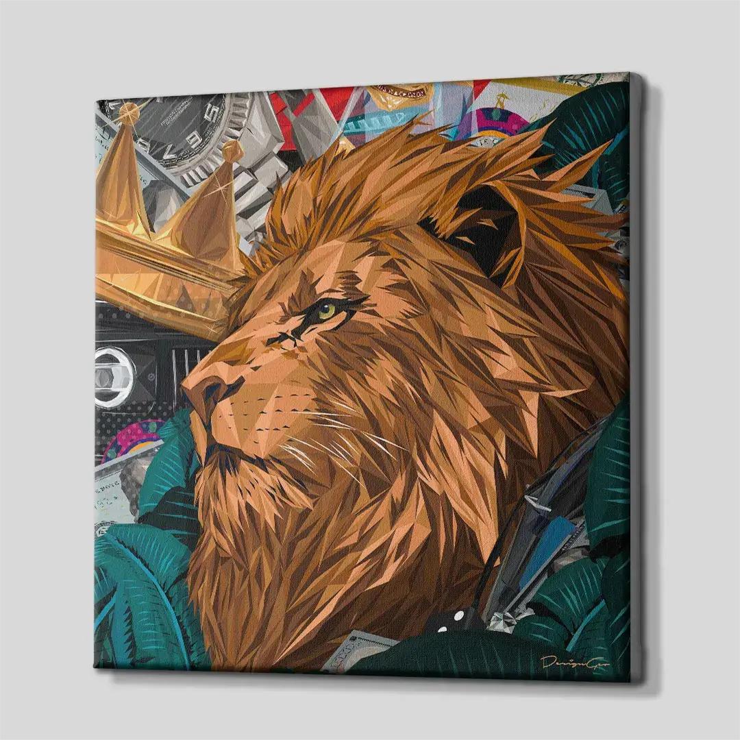 Side angle of the luxury lion king canvas wall art, showing the high-quality gallery wrap and the 3D depth of the square frame