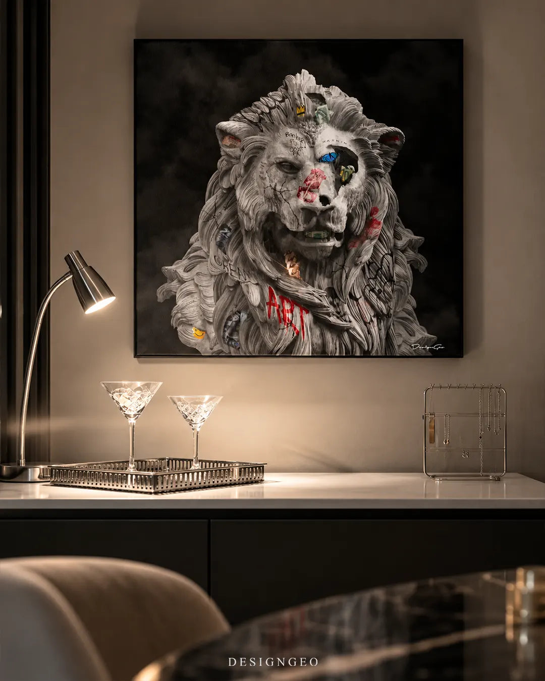 Lion Statue graffiti street art luxury animal sculpture square canvas wall art mounted on wall in modern room above credenza with glassware decor 0.75 inch thin wrap