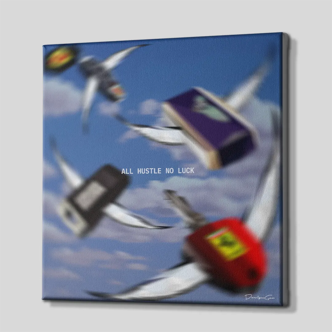 Side perspective view of All Hustle No Luck flying car keys square canvas art showing dark gallery wrapped edge 0.75 inch thin wrap