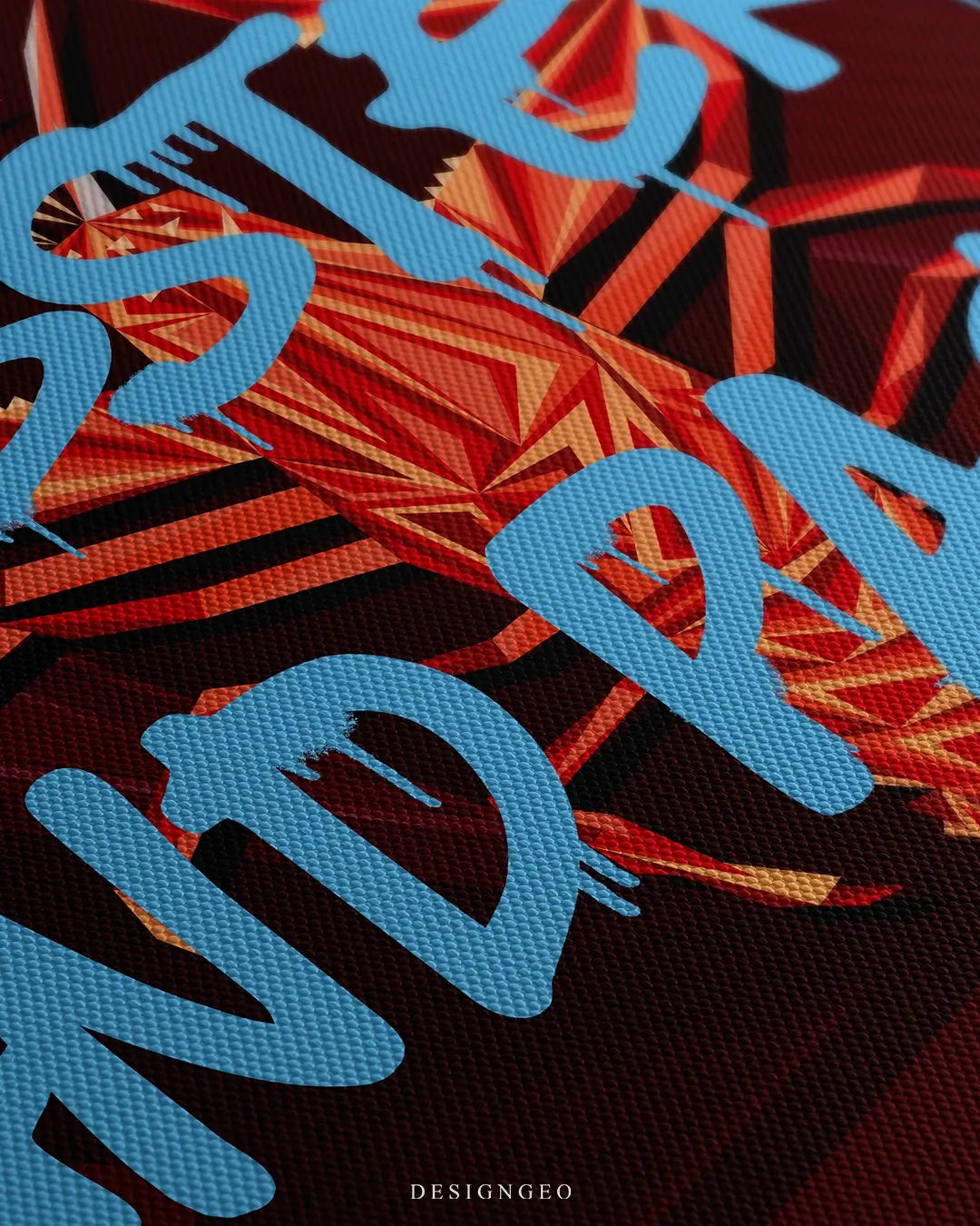 Close-up of geometric lobster canvas art showing intricate polygonal lines, realistic paint textures, and gold graffiti accents on a deep burgundy background