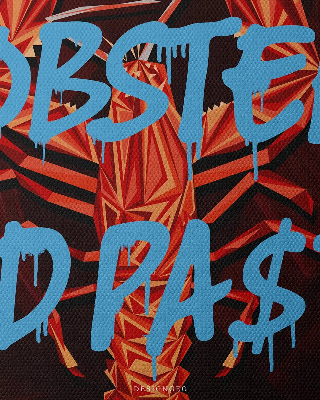 Modern luxury illustration of a geometric lobster with "Lobster & Pa$ta" graffiti, symbolizing a high-end lifestyle and financial abundance