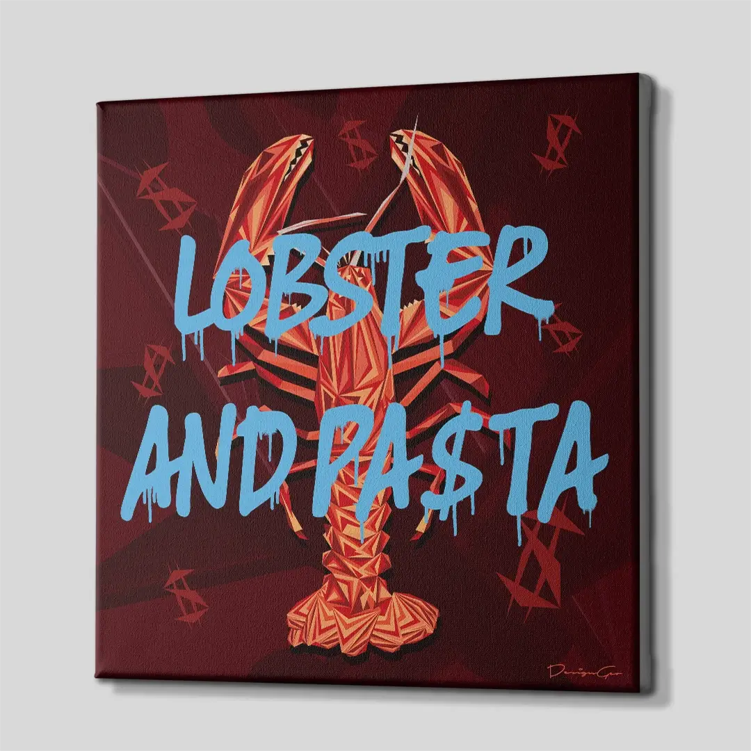 Side angle of the geometric lobster and graffiti canvas print, highlighting the high-quality gallery wrap finish and the 3D depth of the wooden frame