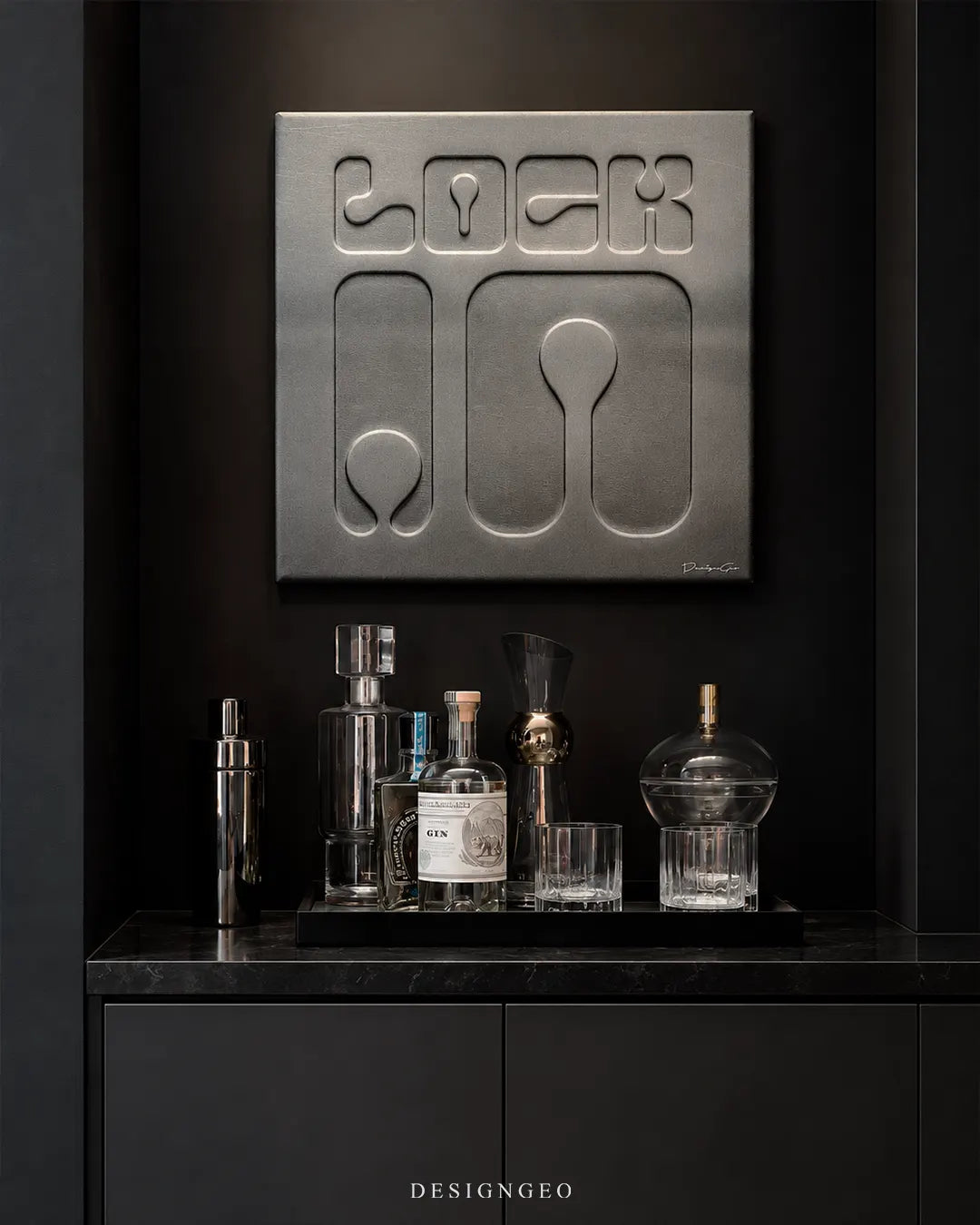 Lock In embossed typography grey metallic texture square canvas wall art mounted on dark wall in luxury home bar above liquor tray 0.75 inch thin wrap