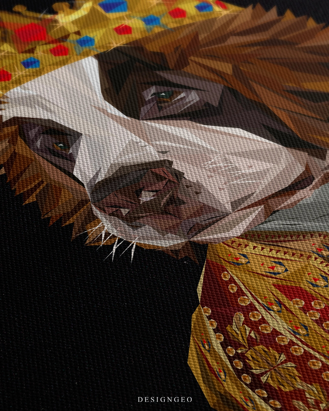 Close-up of royal pet wall art featuring a Saint Bernard dog portrayed as a king with a golden crown and regal attire on a dark background