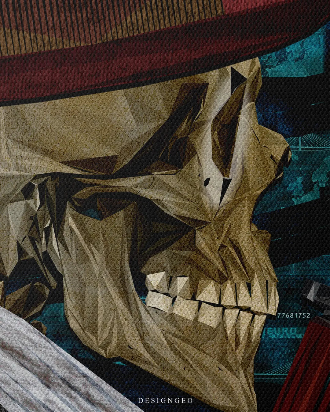 Close up macro texture view of low-poly gangster skull illustration with suit jacket lapel and woven canvas print details 0.75 inch thin wrap