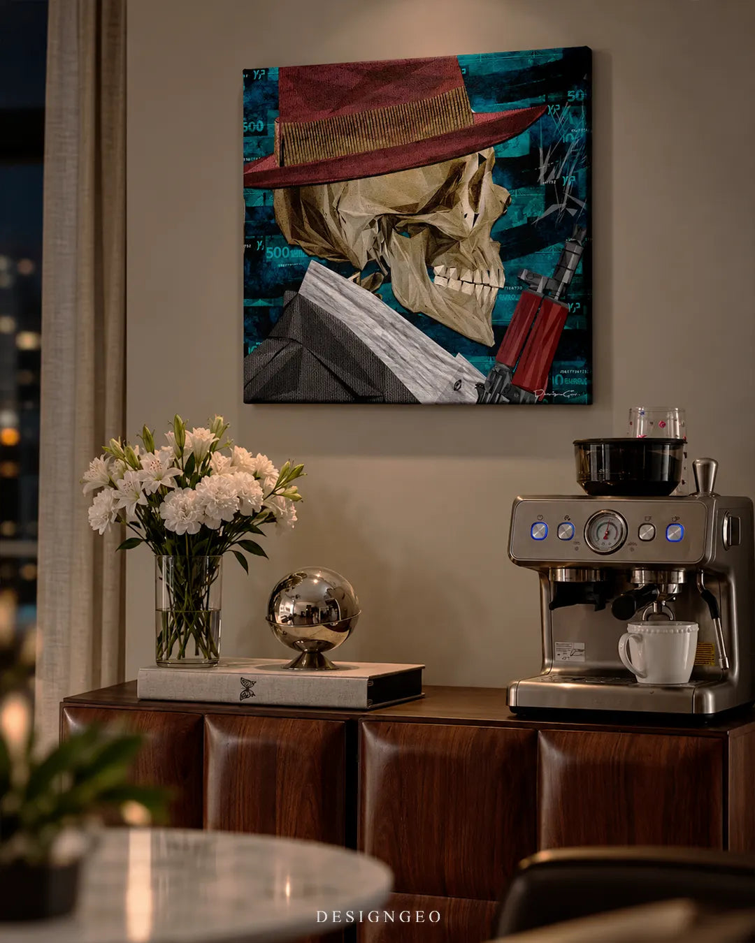 Lowrider Skull pop art geometric skeleton with fedora hat and rifle luxury square canvas wall art mounted on wall above credenza with coffee station and floral decor 0.75 inch thin wrap