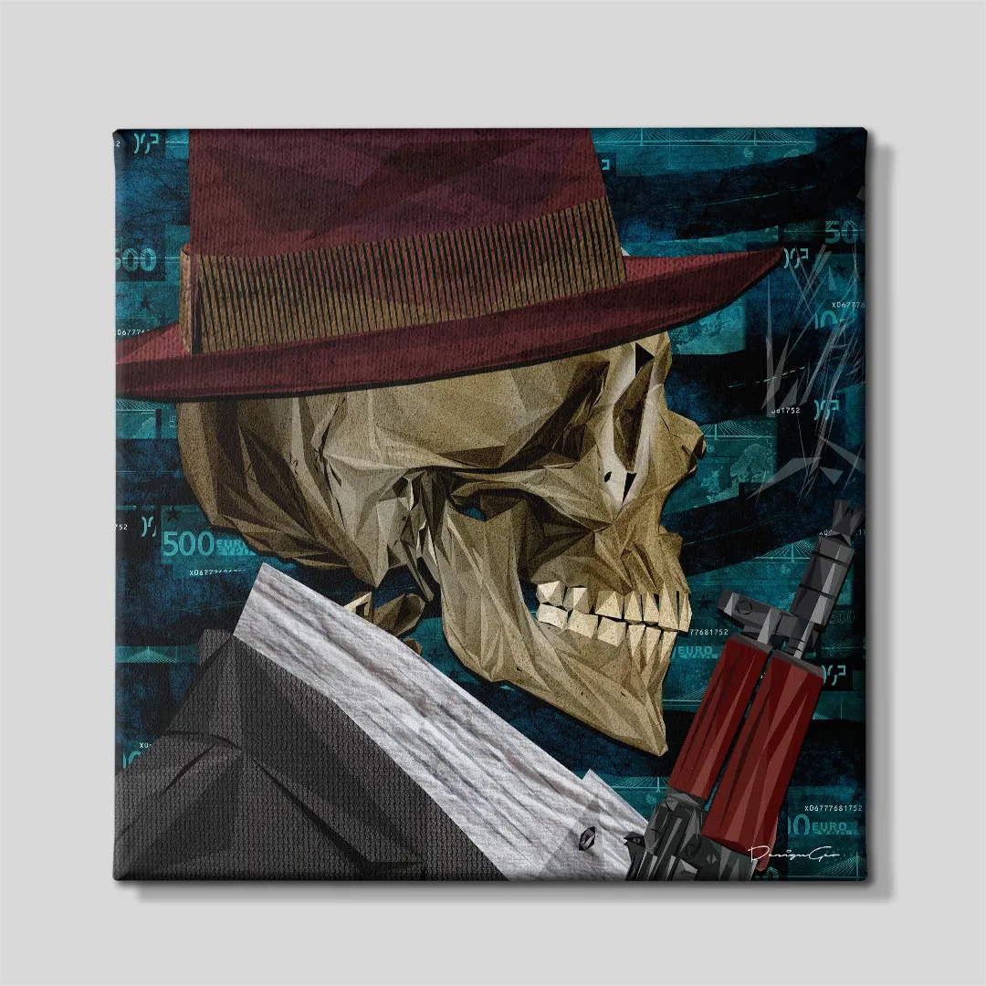 Lowrider skull gangster artwork on square canvas featuring a polygon skeleton profile wearing a fedora hat and suit while holding an AK-47 against a 500 Euro banknote background 0.75 inch thin wrap