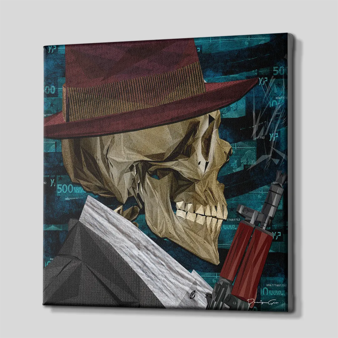 Side perspective view of gangster skull square canvas wall art showing blue teal money background wrapped around gallery edges 0.75 inch thin wrap