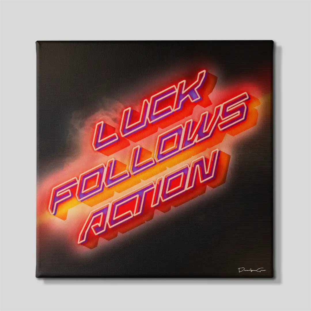 Front view of the "Luck Follows Action" inspirational square canvas wall art, a premium decorative piece for modern executive offices, home workspaces, or creative studios