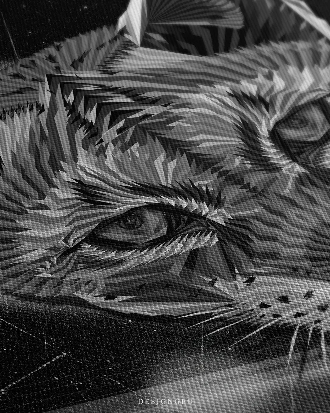 Angled close-up macro focusing on the geometric lynx eye, sharp low-poly facets, and high-definition woven canvas texture