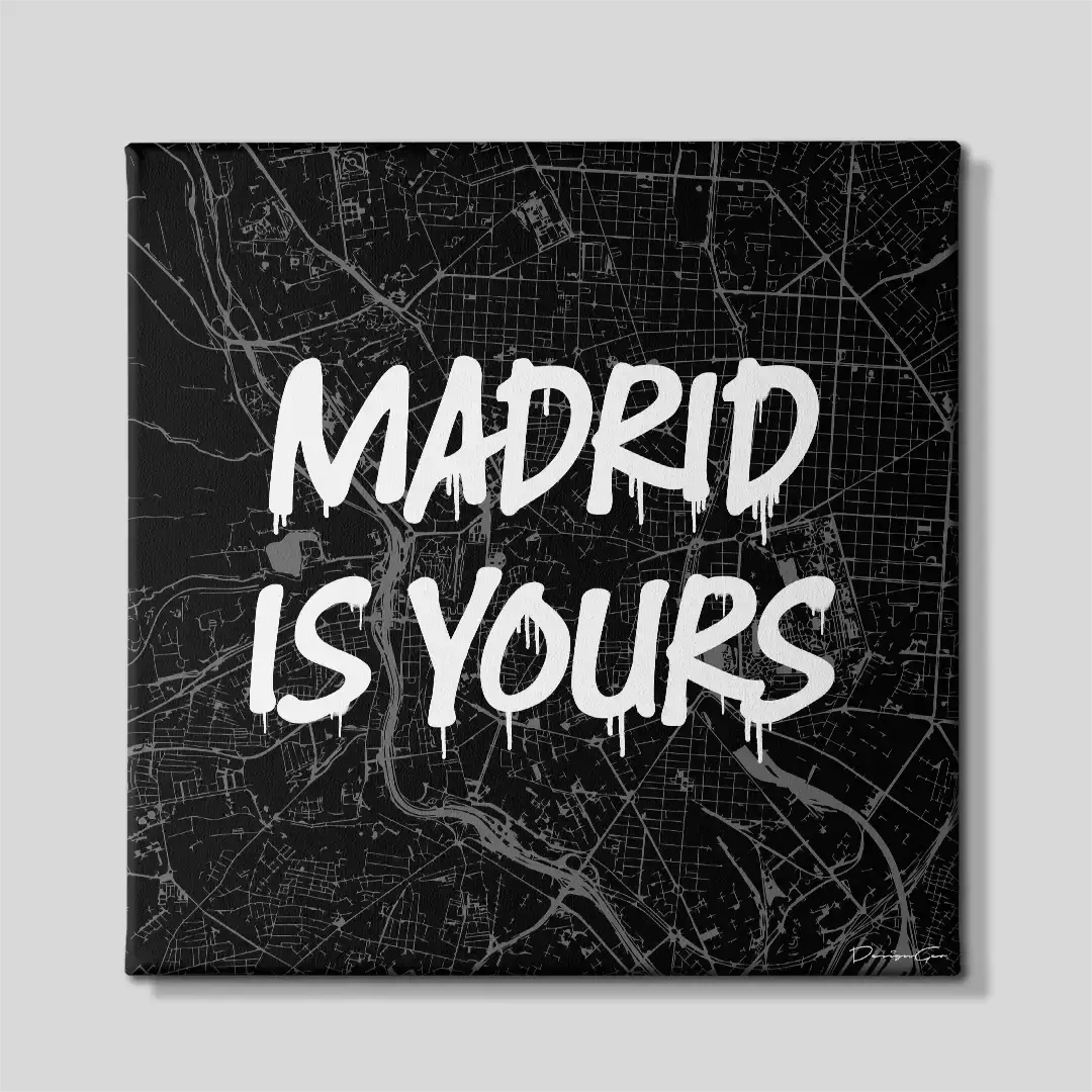 Front view of the premium "Madrid is Yours" square canvas print, a striking street art style Spain city map ideal for corporate office decoration, executive workspaces, and modern home decor