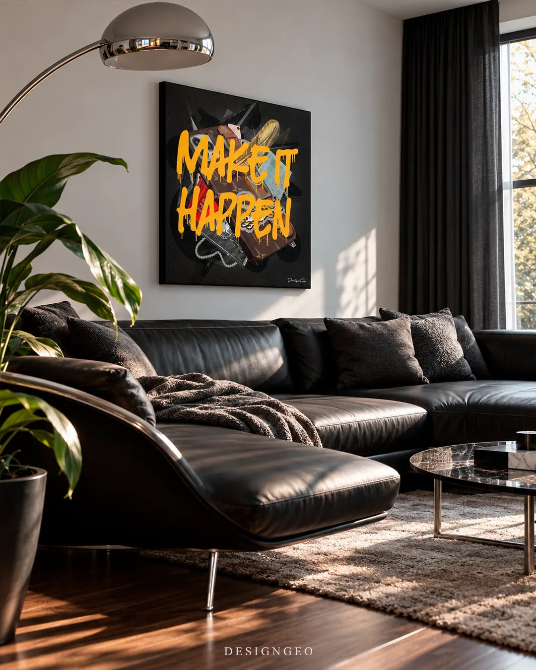Make It Happen yellow graffiti street art square canvas wall art mounted on white wall above black leather sectional sofa 0.75 inch thin wrap