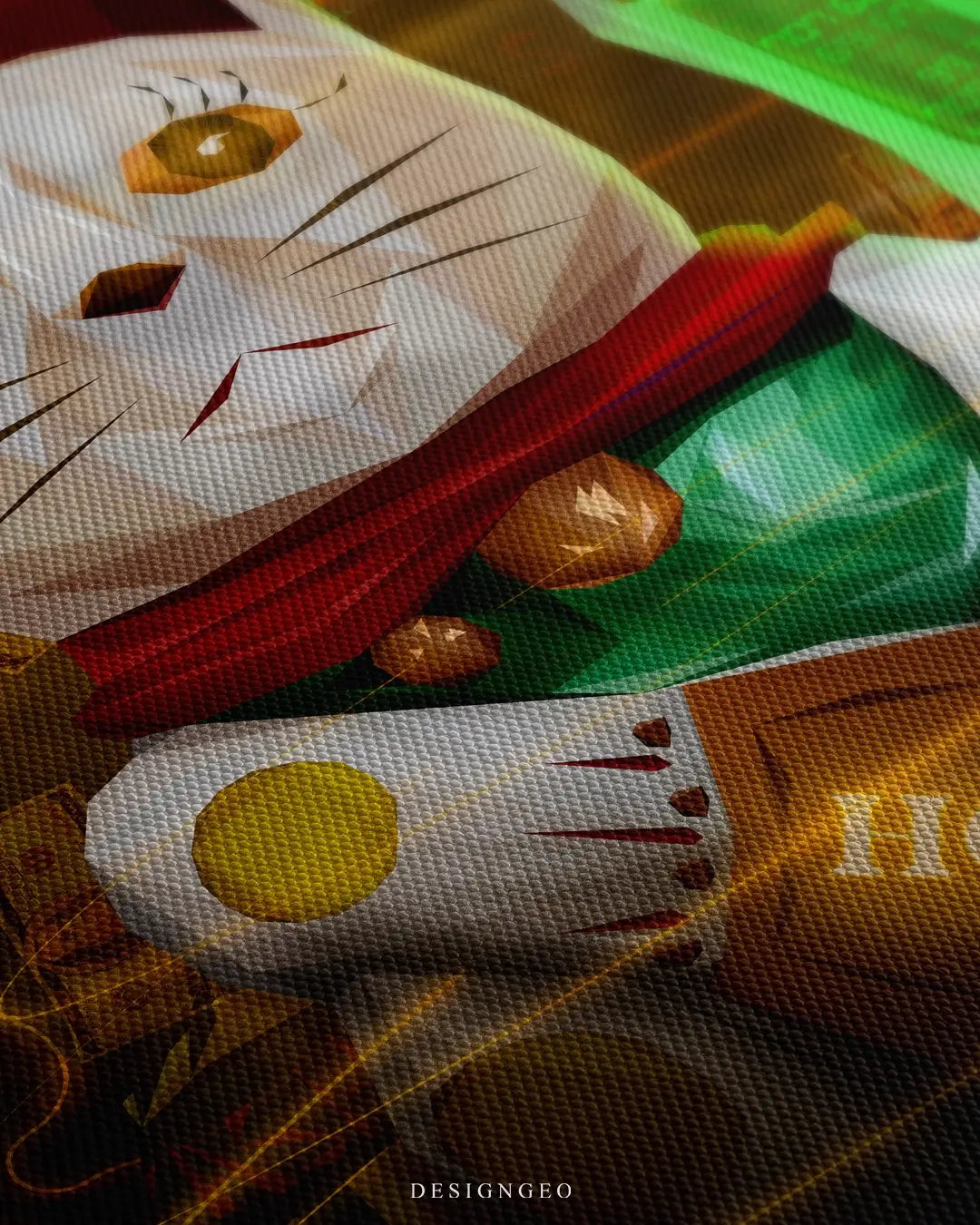 Close-up of modern motivational wall art featuring a golden Maneki Neko lucky cat with crypto-themed details on a solid black background