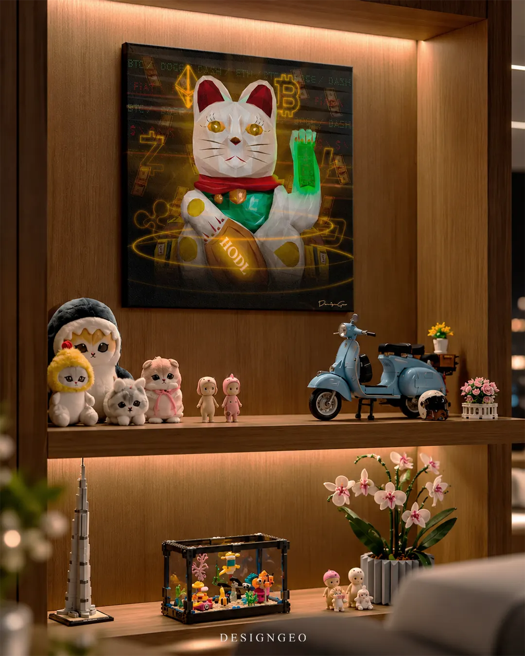 Maneki Neko HODL crypto Japanese lucky cat web3 luxury square canvas wall art mounted on wood paneled display shelf with collectibles and decor 0.75 inch thin wrap