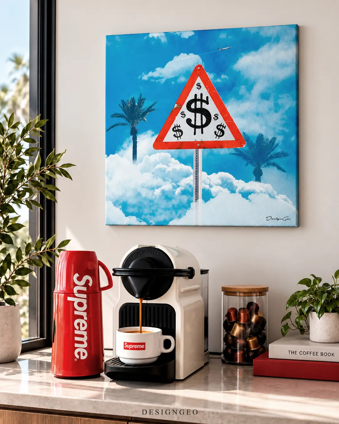 Manifest dollar sign road sign square canvas wall art with palm trees and blue sky displayed on a white wall above a modern espresso coffee station with red Supreme accessories