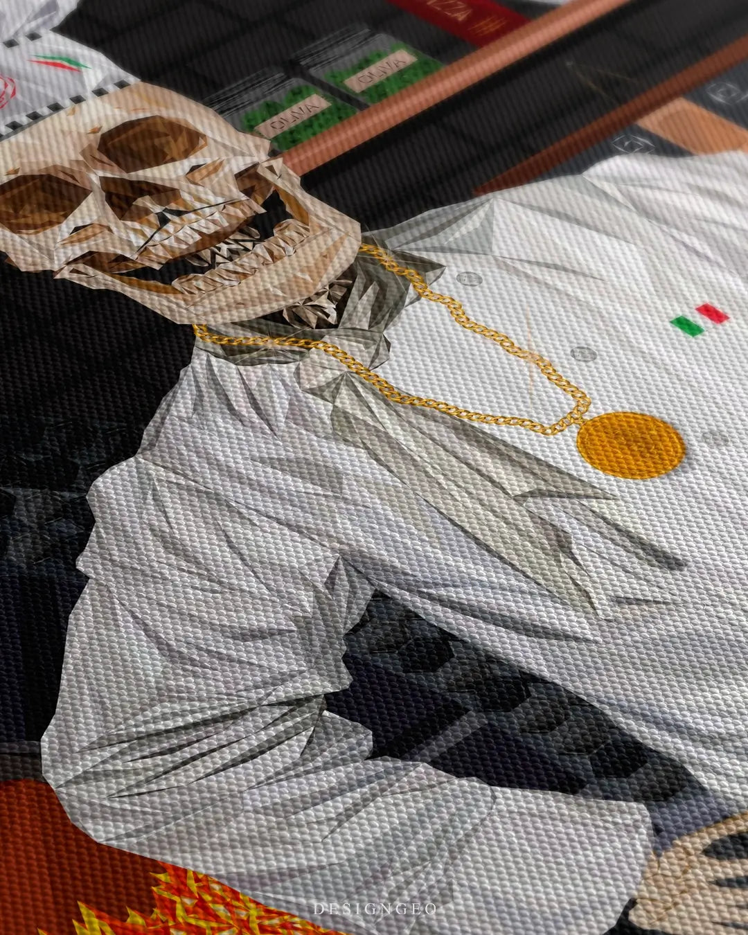 Close-up of surreal kitchen wall art featuring a skeleton pizza chef in a traditional white uniform carefully preparing a fresh pizza with Italian ingredients