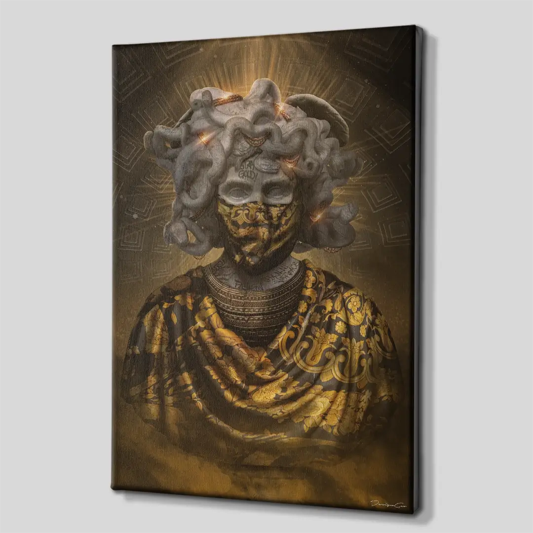 Side angle of the luxury Medusa fashion canvas print, highlighting the high-quality gallery wrap finish and the 3D depth of the wooden frame