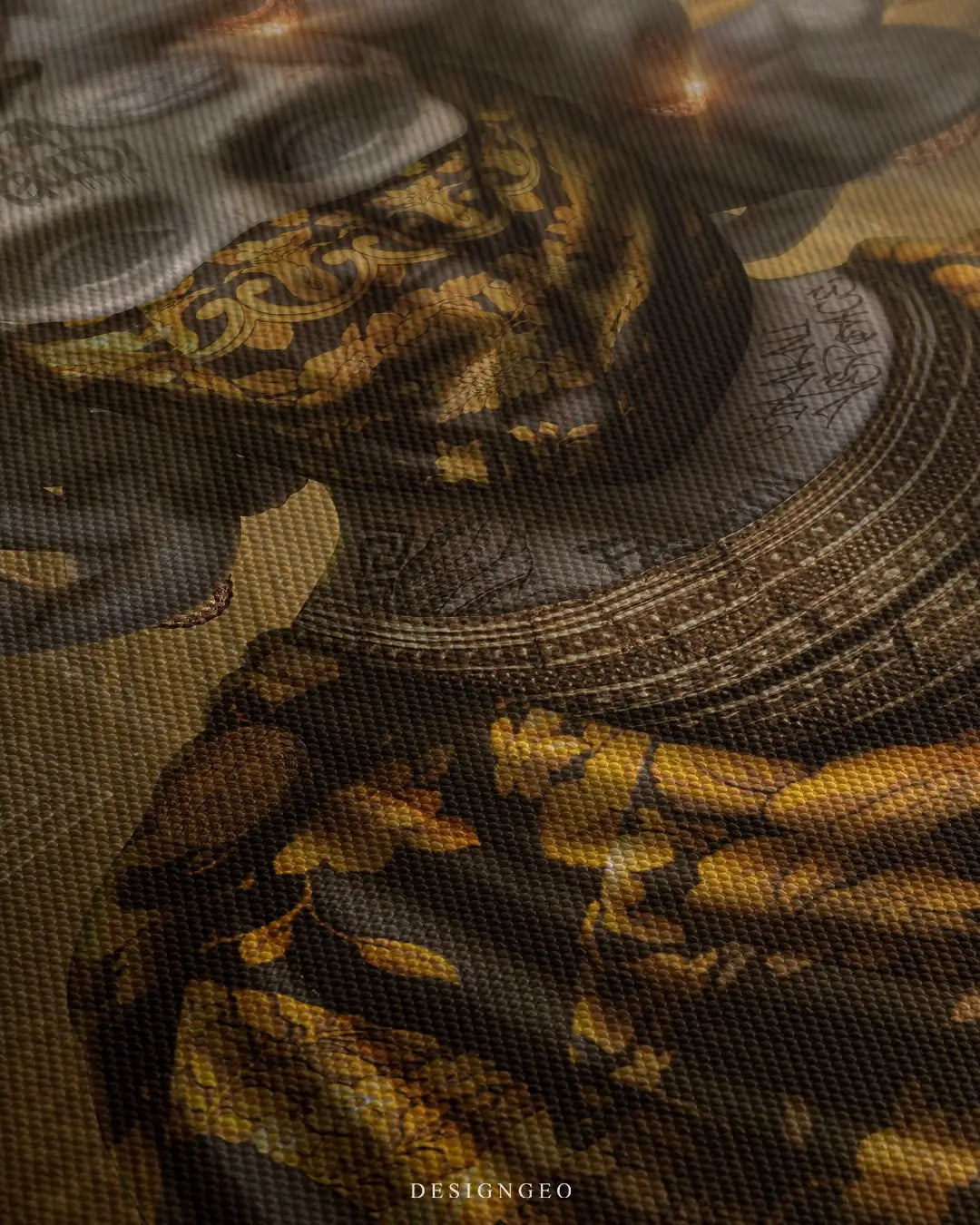 Close-up of Medusa canvas art featuring intricate snake hair textures and luxury couture fabric details with high-fashion brand inspired patterns