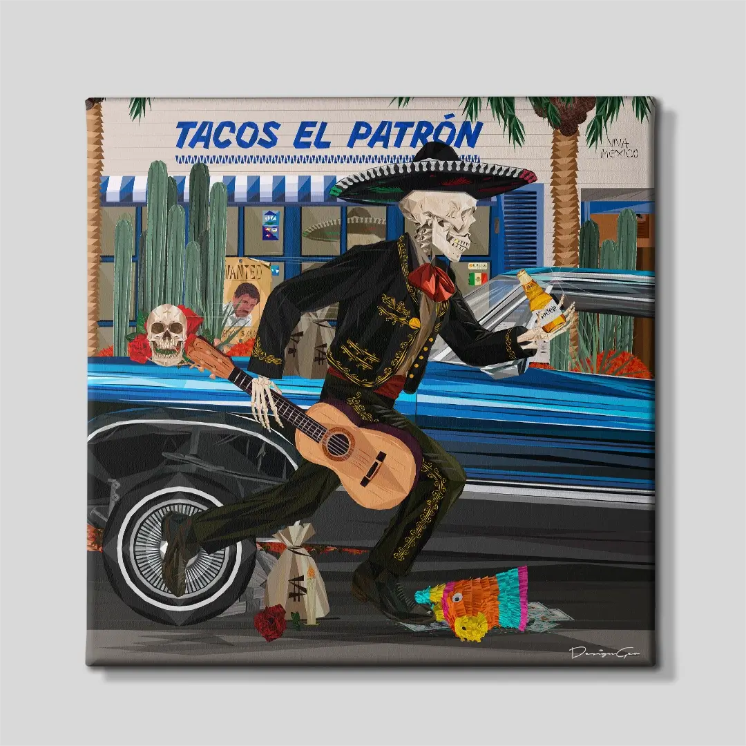Mariachi Skeleton Lowrider Day of the Dead Canvas Wall Art | DesignGeo