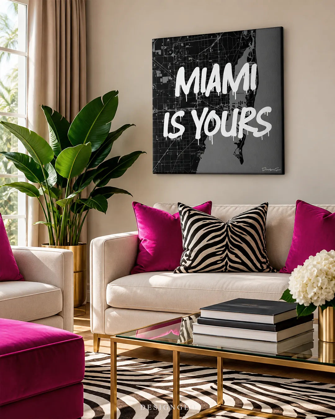 Black and white Miami city map graffiti text Miami Is Yours square canvas wall art displayed on a beige wall above a cream sofa 0.75 inch thin wrap