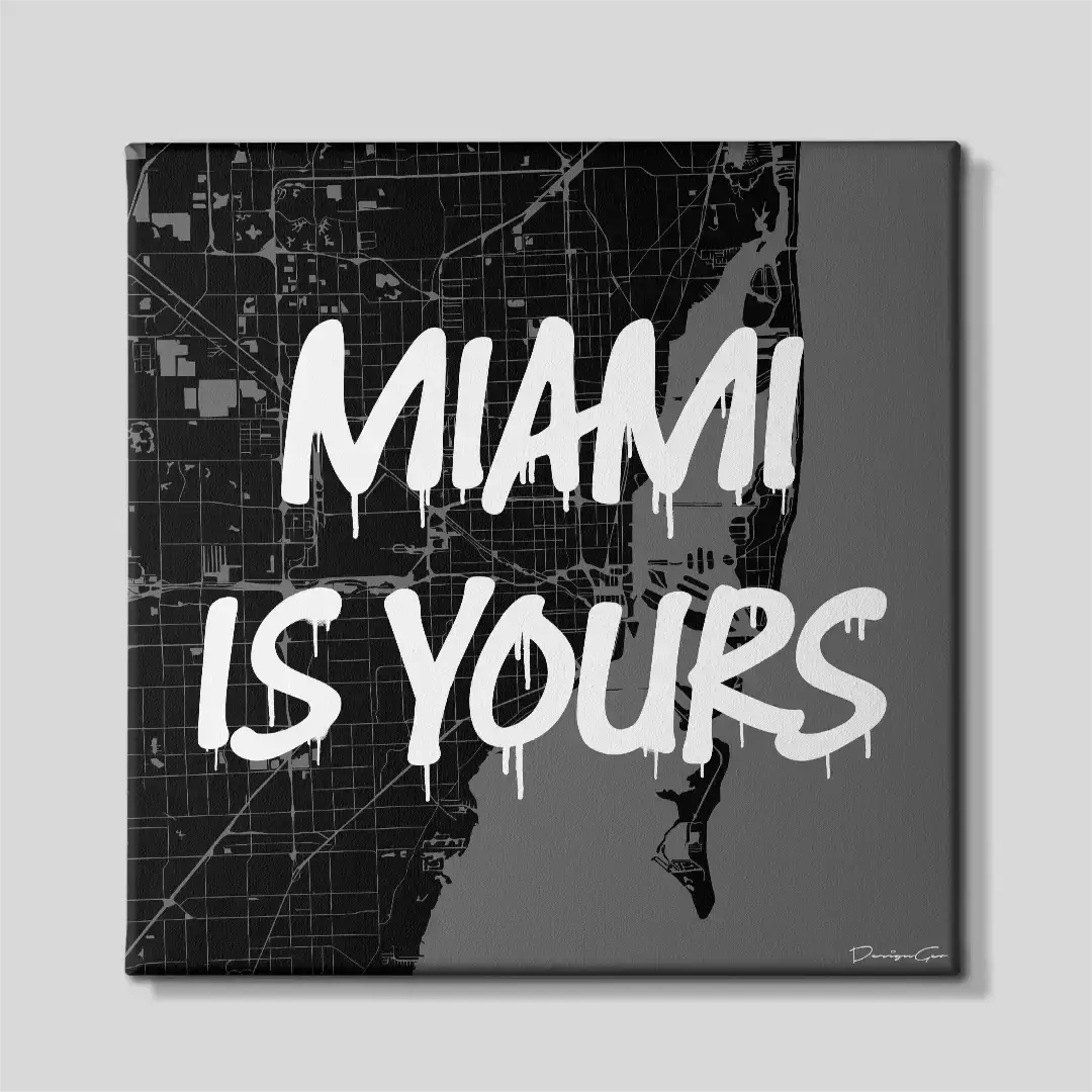 Frontal view of the Miami city map square canvas print with white graffiti lettering, a premium wall art piece for real estate offices and finance enthusiasts