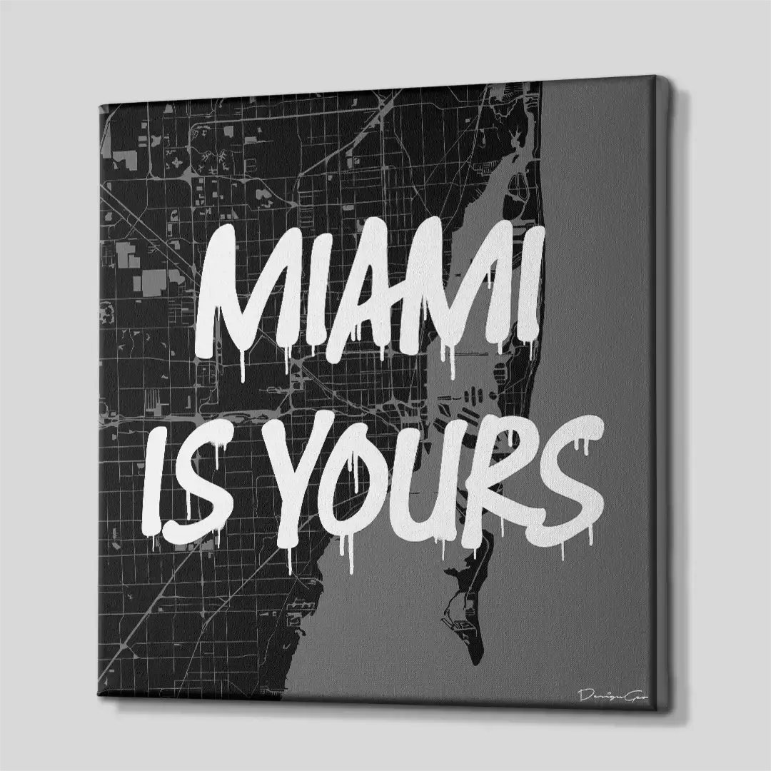 Side perspective of the Miami urban map canvas, showing the professional gallery wrap finish and the solid frame depth suitable for luxury interior design