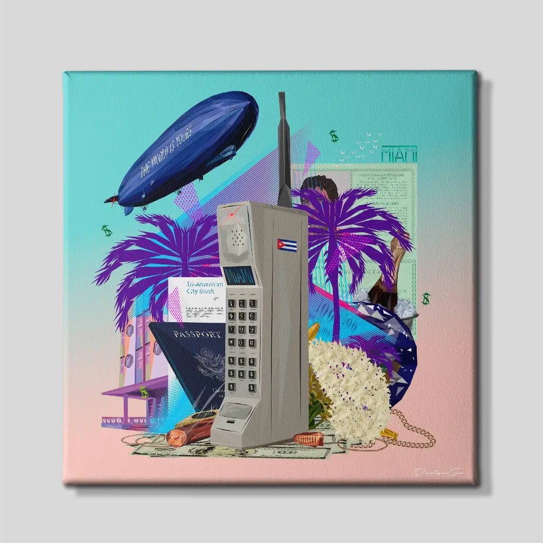 Front view of the "Montana Legacy" 80s Miami square canvas wall art, a premium decorative piece for high-end lounges, executive offices, or modern lofts