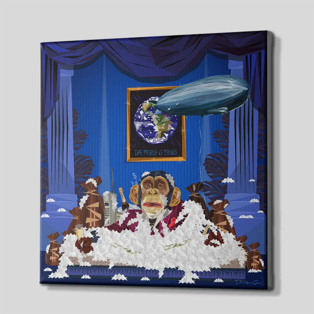 Side angle of the gangster monkey jacuzzi canvas print, highlighting the high-quality gallery wrap finish and the 3D depth of the wooden frame