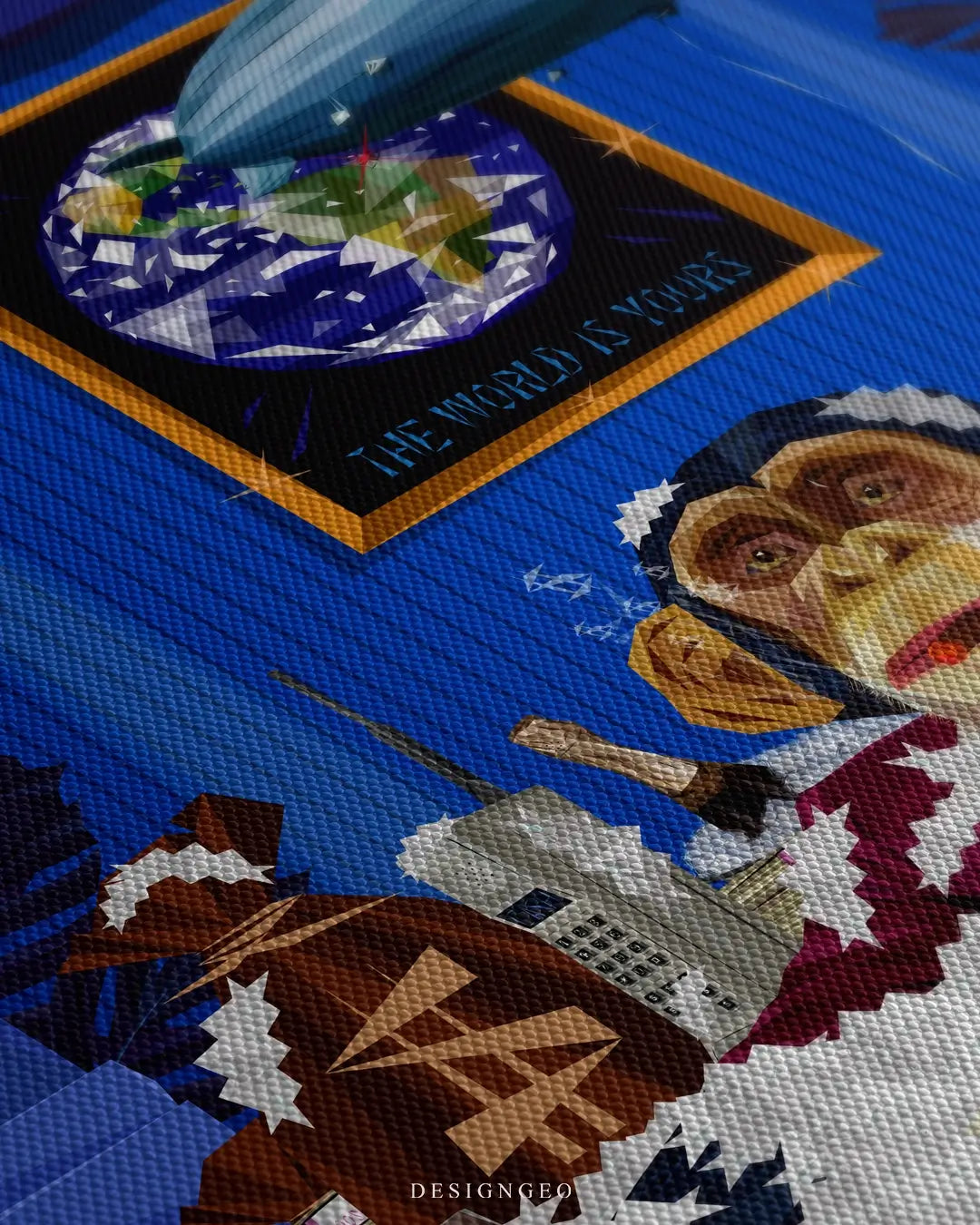 Close-up of gangster monkey canvas art showing realistic water textures in a jacuzzi, golden jewelry, and vibrant neon gold and blue lighting