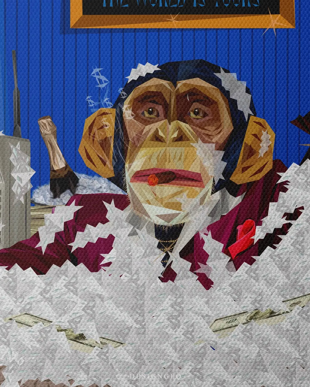 Motivational illustration of a boss monkey in a jacuzzi overlooking a Miami skyline at night, featuring a luxury gangster and Miami aesthetic
