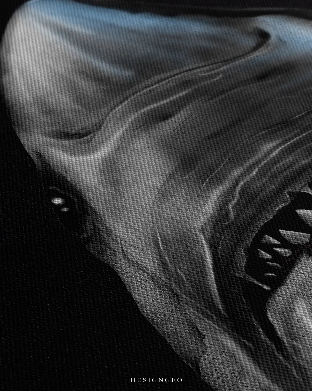 Close-up of modern shark wall art for entrepreneurs, featuring a detailed great white shark portrait on a solid black background, symbolizing focus and determination