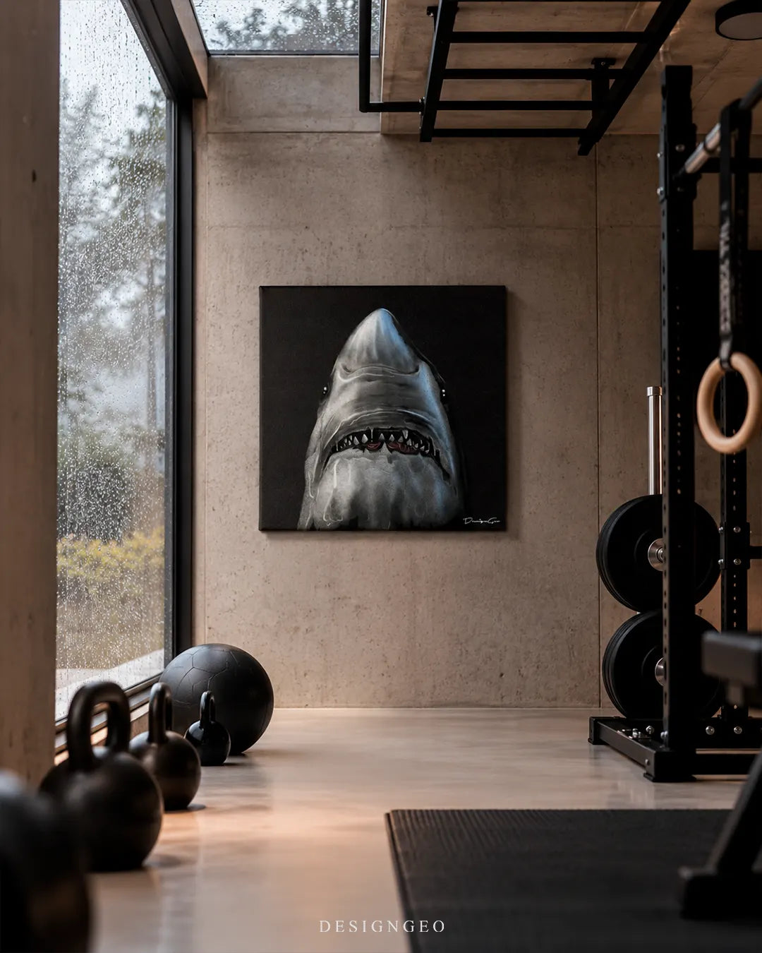 Midnight Hunter great white shark motivational wildlife square canvas wall art mounted on concrete wall in modern home gym with fitness equipment decor 0.75 inch thin wrap