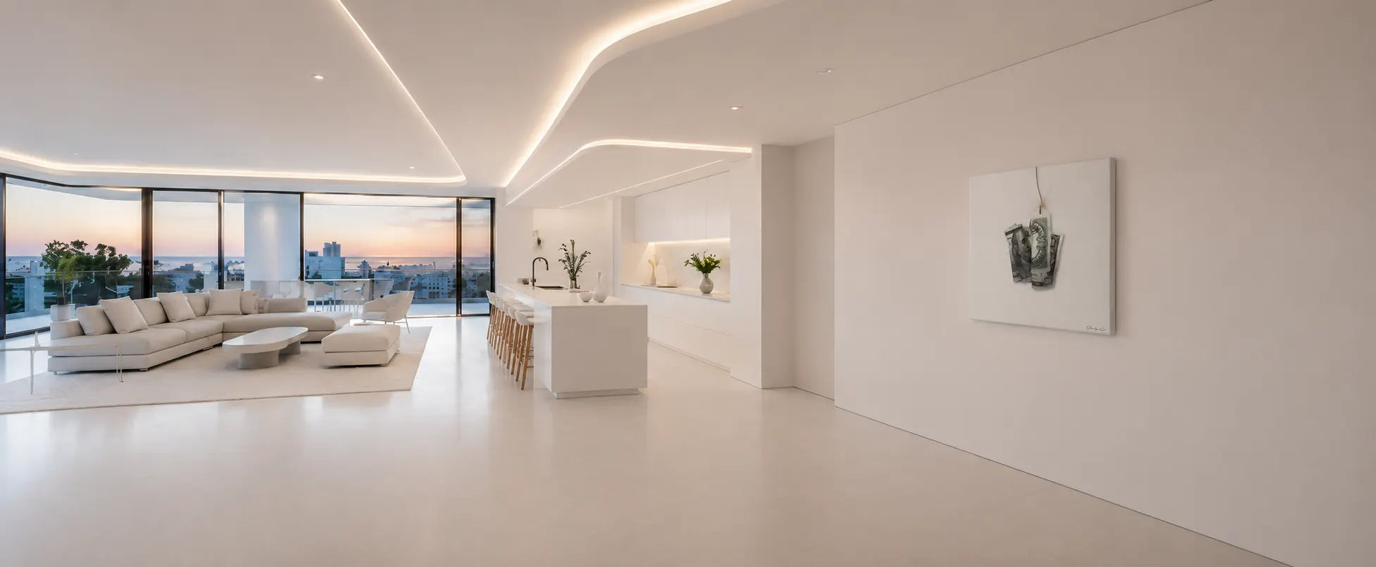 Bright ultra-modern minimalist penthouse living room featuring a square conceptual canvas art of hanging dollar bills mounted on a plain white wall with curved LED ceiling lighting and panoramic sunset views