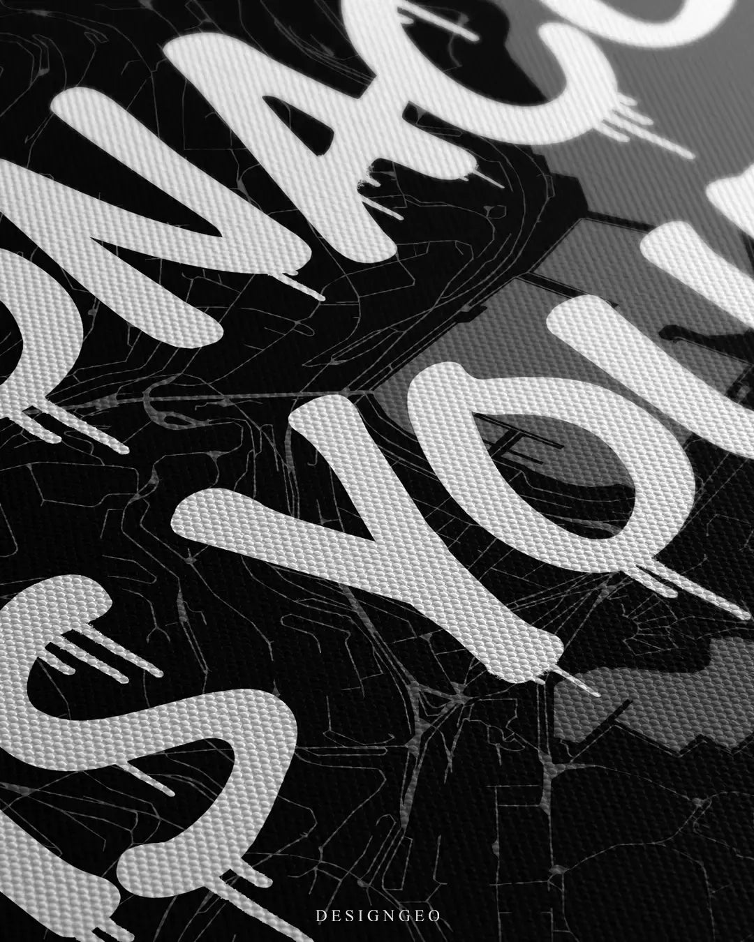 Detailed view of the "Monaco is Yours" canvas art, showcasing the crisp contrast between the intricate Mediterranean coastline map lines and the fluid white spray-paint lettering